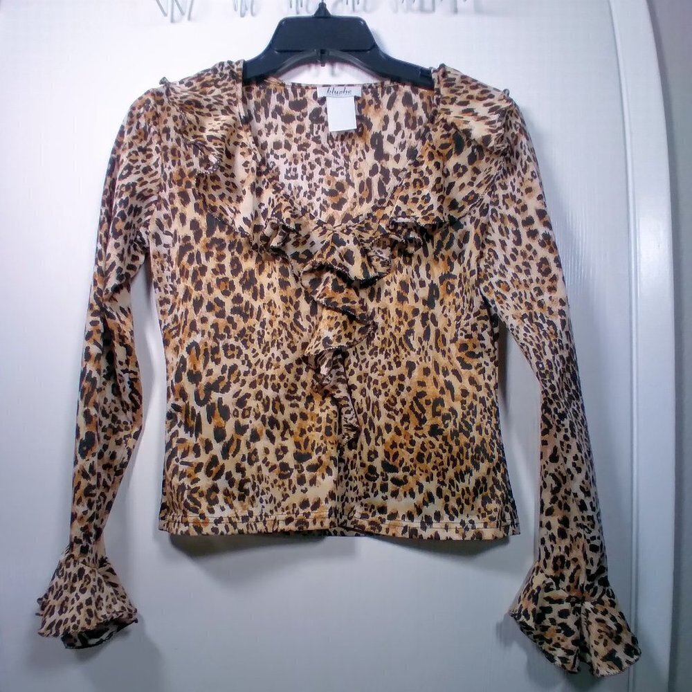 Animal Print Ruffled Neckline Long sleeve Top Size: M